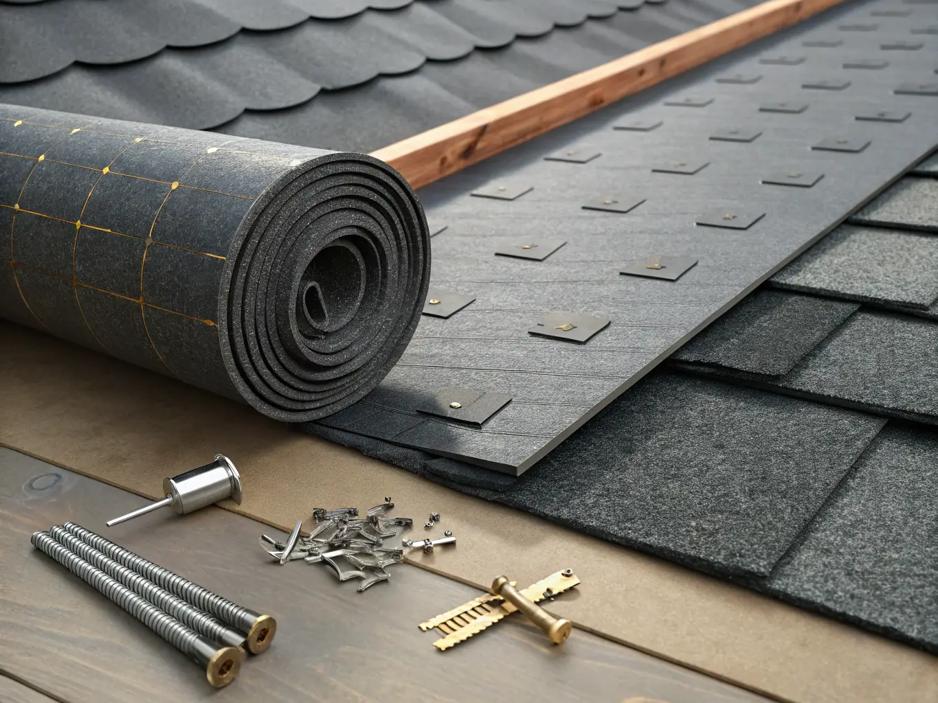 A roofer from RoofCo ILM inspecting a slate roof on a historic building, showcasing the company's expertise in handling delicate and specialized roofing materials. The building is located in a historic district with cobblestone streets and vintage architecture.