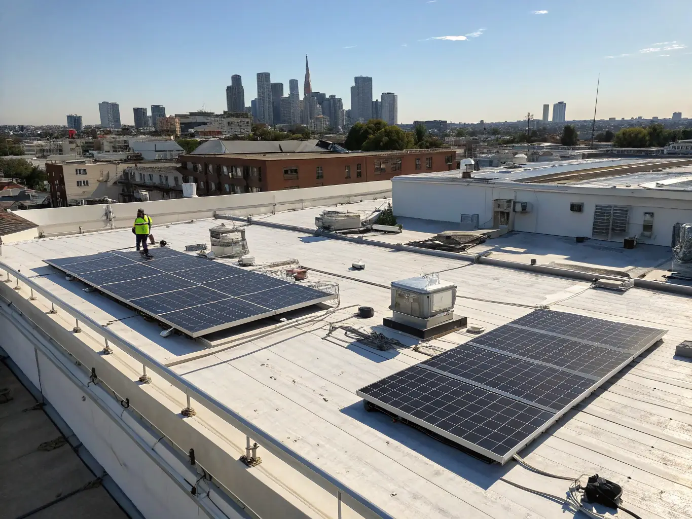 A close-up shot of a commercial building's flat roof, highlighting the durable and weather-resistant materials used by RoofCo ILM. The building is located in a bustling downtown area with other commercial properties in the background.