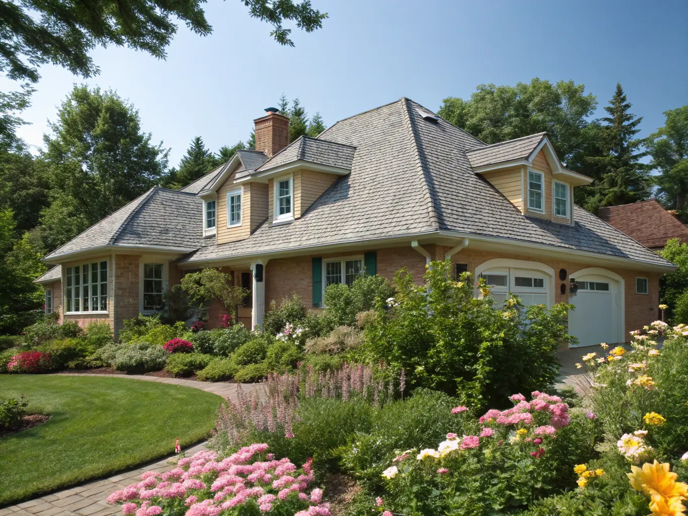 A picturesque suburban home with a newly installed asphalt shingle roof, showcasing its durability and aesthetic appeal. The image should convey a sense of security and comfort.