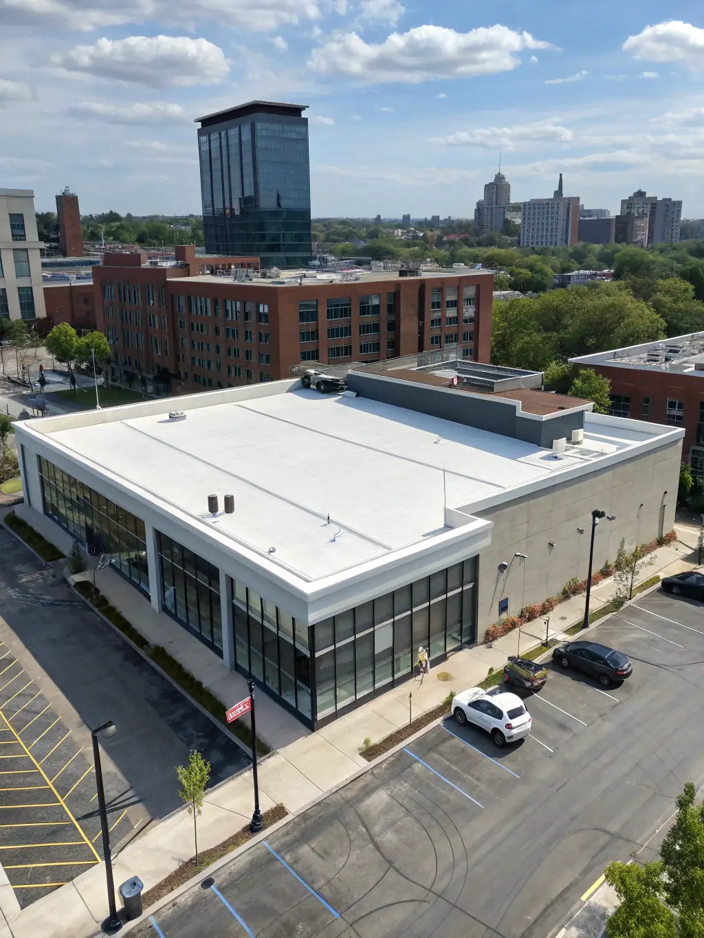 A wide shot of a commercial building in Leland, NC, featuring a newly installed flat roof with energy-efficient materials, demonstrating RoofCo ILM's commercial roofing capabilities.