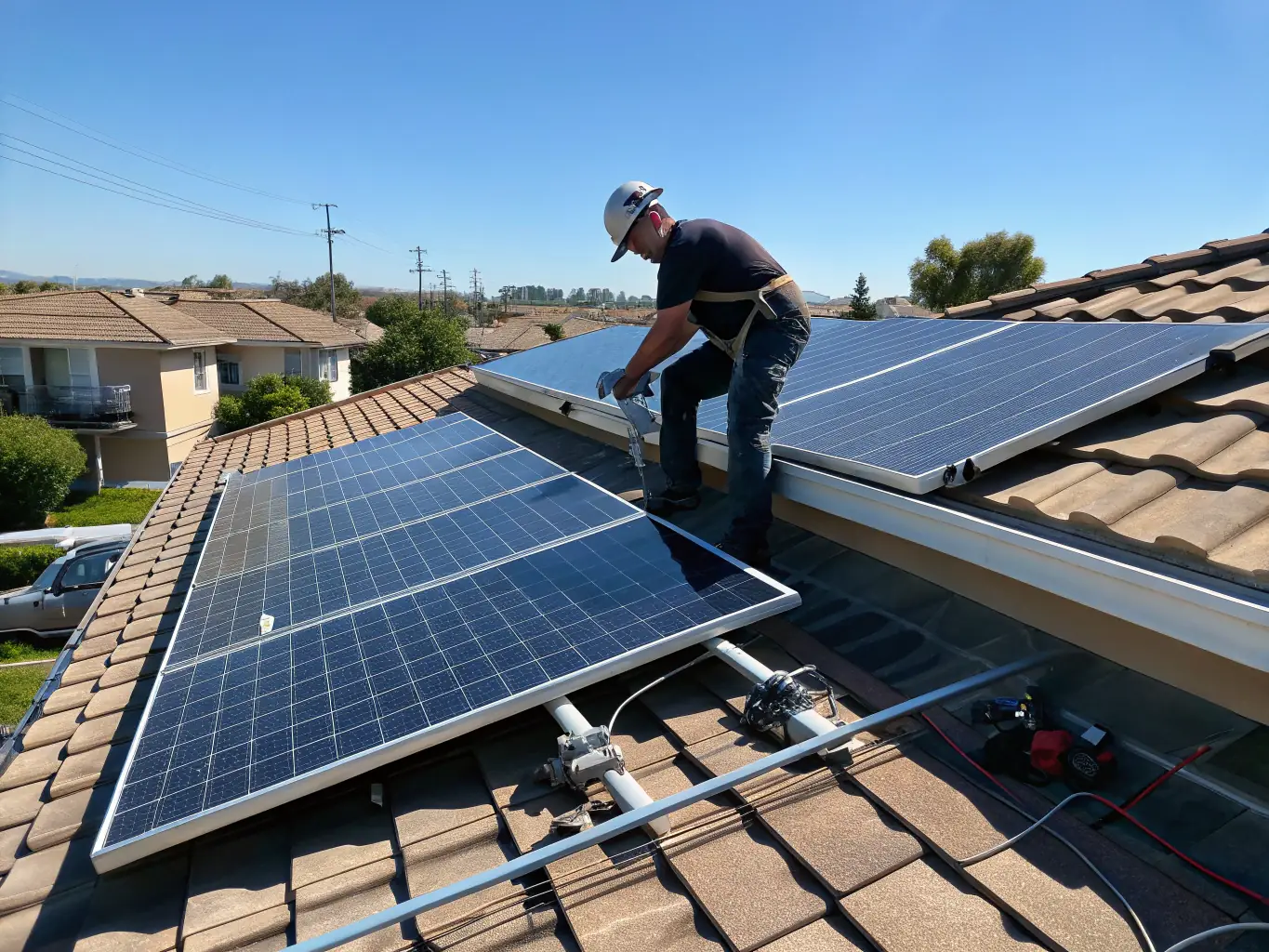 A split image showcasing both a residential roof being repaired and a commercial roof being inspected, symbolizing RoofCo ILM's comprehensive service offerings.