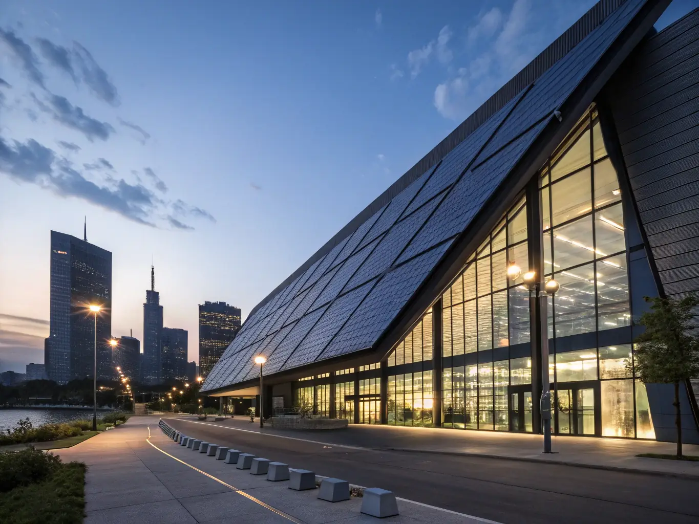 A modern commercial building featuring a flat roofing system with solar panels installed. The image should highlight the energy efficiency and durability of the roofing system.